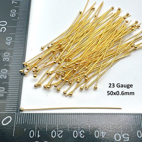 20 pcs Stainless Steel Ball Head Pins 23 Gauge 50x0.6mm Real 24 K Gold Plated Jewelry Making