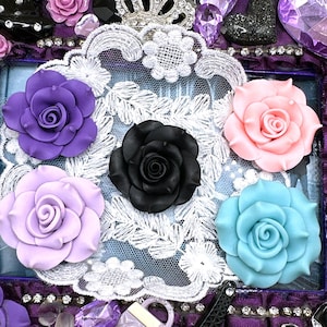 5pcs 3D Polymer Clay Gorgeous Rose Flower Flatback Cabochons 42mm, Assorted Colors Elegant Camellia Beads or DIY Jewelry Making Supplies