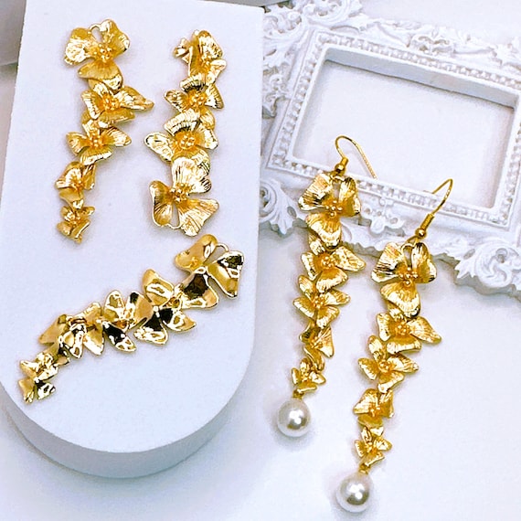 Gold Five Orchid Flower Drop Charms for Earrings 58x15.5x4mm 18K Gold Plated