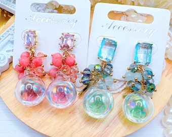 Pink/Blue Glass Stone Earring Studs with Agate and Glass Beads Cluster Tassels, 18mm Glass Bubble Ball Charms with Water 48-50x20mm