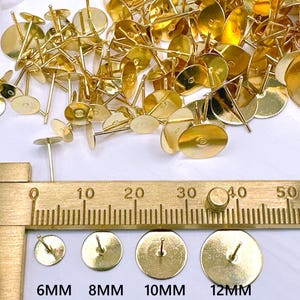 10/20/50pcs 6mm/8mm/10mm/12mm 24K Gold-Plated Stainless-Steel Circle Stud Earring Findings Flat Round Glue-On, Hypoallergenic Earring Post,