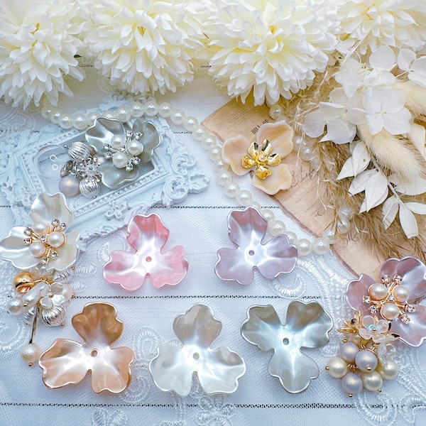 10/20pcs Large 3 Petal Flower Acrylic Bead Caps, ABS Pearl Cabochons Center Hole, Large Flower 36mm DIY Handmade Jewelry Earrings Headpieces