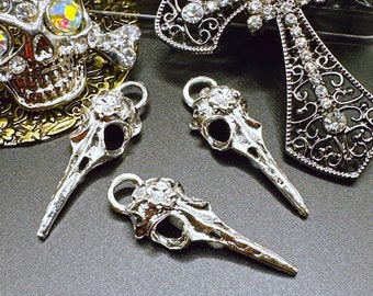 May include: Three silver bird skull charms with intricate details. Each charm has a loop at the top for attaching to jewelry or other crafts.