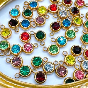 2pcs/4pcs 18K Gold PVD Birthstone Rhinestone Charms, Stainless Steel Flat Round 6mm, Tiny Crystal Charm for Necklace Bracelet DIY 8.5x6mm