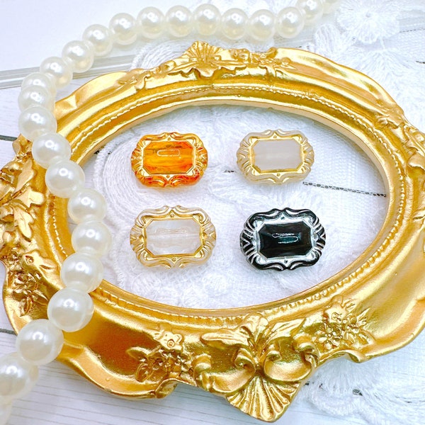 10 pcs Vintage Style Rectangle Acrylic Beads, Clear/Frosted/Amber/Black with Metal Enlaced Antique Design,18x13.5x8.5mm, Faceted Spacers