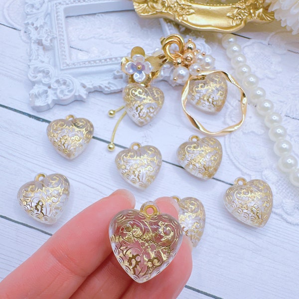 6pcs Transparent Heart Acrylic Beads with Golden Metal Enlaced, Vintage Style Puffy Heart with Loop 22x20x11mm, DIY Jewelry Accessory Making