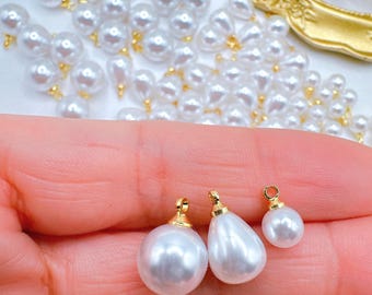 10/20/50pcs ABS Faux Round/Teardrop Pearl Charms, 18K Gold Plated Brass Findings, Pearl Pendant, Earrings Necklace Bracelet Jewelry Making