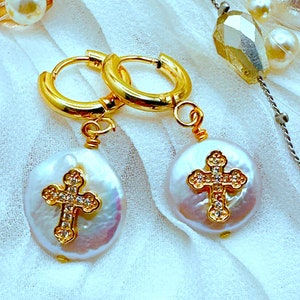 Dainty Coin Pearl Drop Hoop Earring With Cubic Zirconia Gold Cross ...
