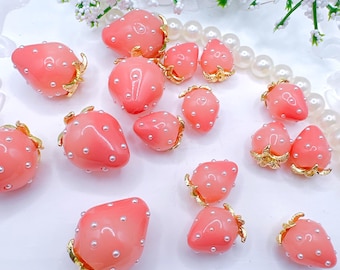 Pink Gradient Cute Resin Strawberry Pendants with Peal Dots 8x11mm/12x16mm/18x24mm, Kawaii Fruit Charms, DIY Jewelry Making