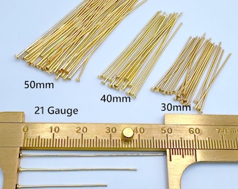 20–100pcs 304 Stainless Steel Flat Head Pins, 21 Gauge (0.7mm), 30mm 40mm 50mm, Real 18K Gold Plated, Jewelry Making Findings