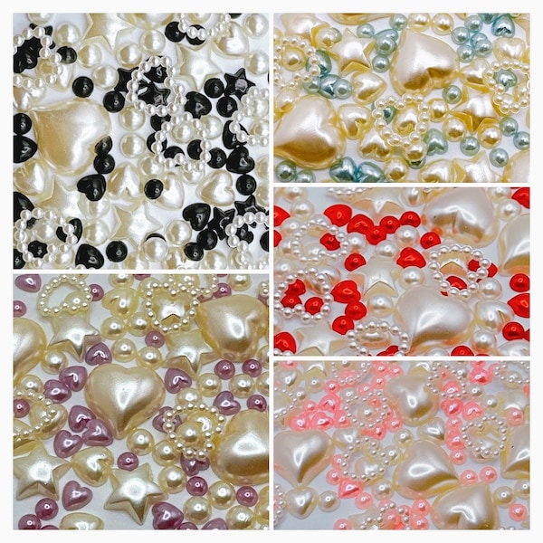 0.99/color, buy 5 Colors for 4.00 dollars, 3D Flatback Pearls, Mix Size Shapes Round, Heart, Star, over 110 pcs/color, Plastic Resin Pearls