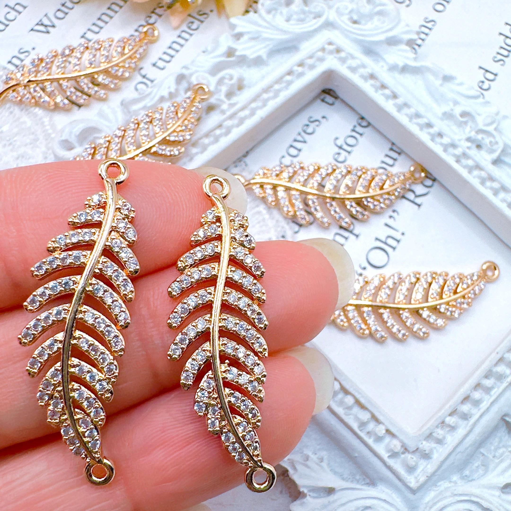 Gold CZ Micro Pave Leaf Branch Charm, Feather Leaf Pendant, Gold Plated…