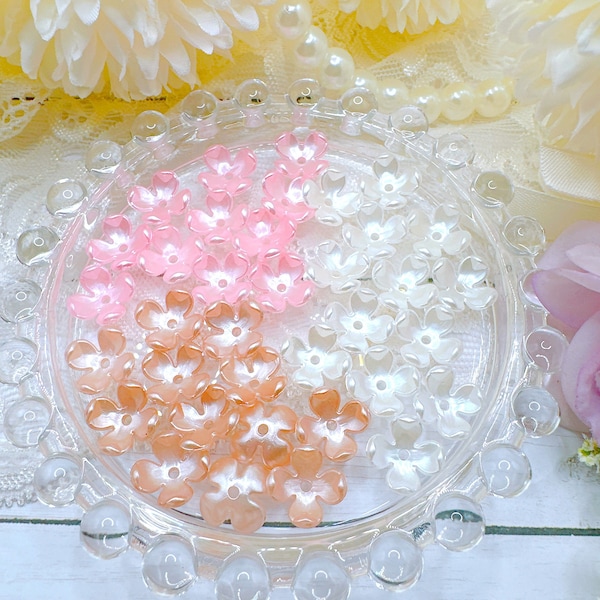 10pcs 4 Petals Flower Acrylic Beads, White/Pink/Champaigne Gold Small Flowers with Hole, 10mm DIY Handmade Jewelry, Earrings, Headpieces