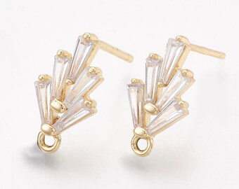 2 pcs Brass Cubic Zirconia Ear Stud Findings, Leaf, Open Fan, Spreading Out Shape with Loop 18K Gold Plated 14.5x7.5mm