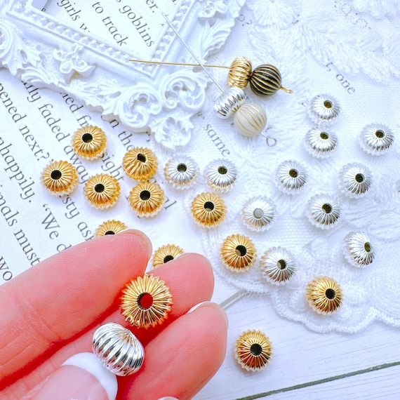 10mm/12mm Gold/Silver Rondelle Corrugated Brass Spacer Beads, 24 Gold Plated/925 Sterling Silver Plated Vintage Style Round Stripe