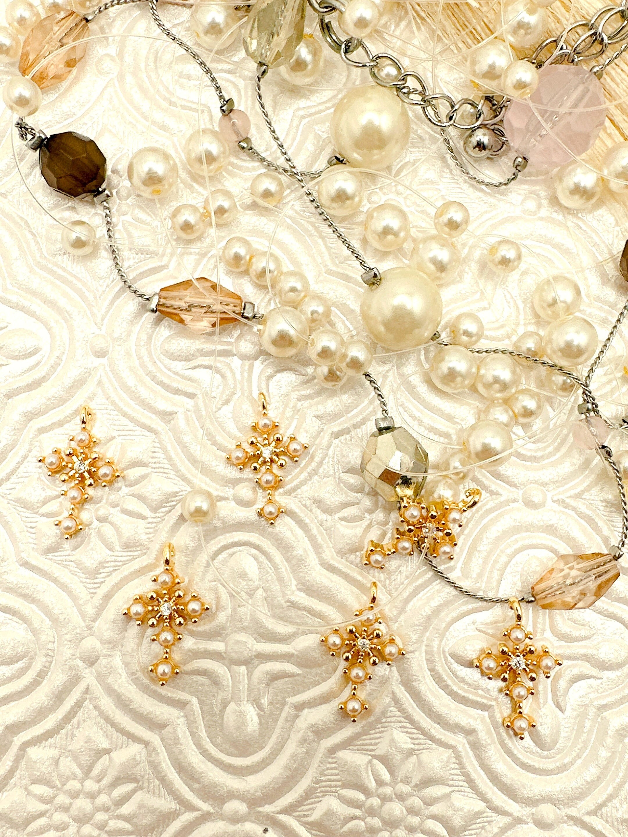 18k Gold Plated Cross Pendant Charm with Cubic Zirconia, Faux Pearl 115. x 10 x 3mm for Jewelry Making, Earrings, Bracelets