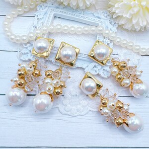 Luxury Imitation Half Pearl Square Earrings with Beads and Pearls Cluster Tassels, Shell Powder Coated Imitation Peals, 70x20mm