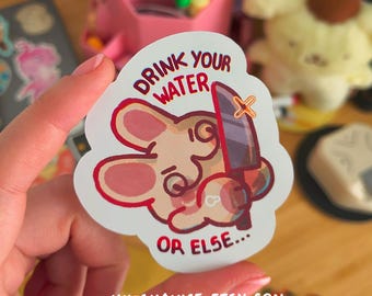 Drink ur water sticker - handmade kawaii cute glossy bunny sticker, silly gift for scrapbooking and decorating, sticker for rabbit lovers