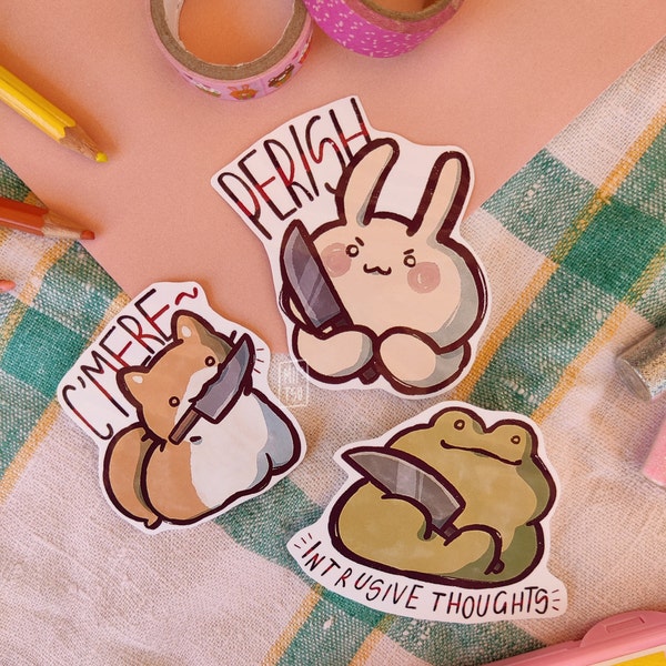 Dangerous friends stickers set - handmade kawaii cute glossy set of four animal stickers, fun gift idea for scrapbooking and decorating