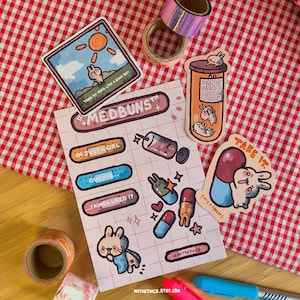 Set di adesivi Medbuns - set di adesivi kawaii fatti a mano e foglio di adesivi, divertente idea regalo per scrapbooking e carina arte sulla salute mentale