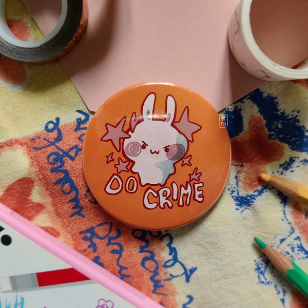 Do crime bunny button pin - handmade cute kawaii chaotic bunny 58mm button pin, fun gift idea for decorating your purse, bag, backpack