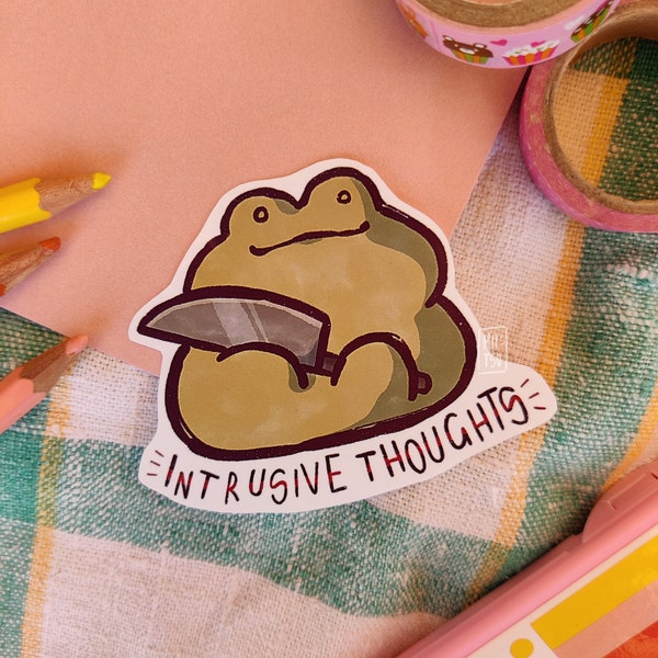 Intrusive thoughts - handmade cute kawaii glossy frog sticker, fun gift idea for scrapbooking and decorating, gift idea for frog lovers