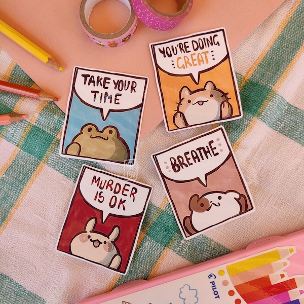 Motivational stickers set - handmade kawaii cute set of four stickers, fun gift idea for scrapbooking and decorating, motivational gift idea