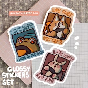 Juego de pegatinas Live fast: juego de 3 bonitas pegatinas de animales kawaii, idea de regalo para amantes de la papelería, regalo para parejas y amigos, amantes de las mascotas