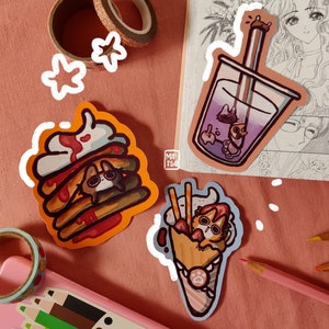 Set di adesivi per gatti nel cibo - set di tre adesivi kawaii lucidi fatti a mano per cibo per gatti, divertente idea regalo per scrapbooking e decorazioni, gatti
