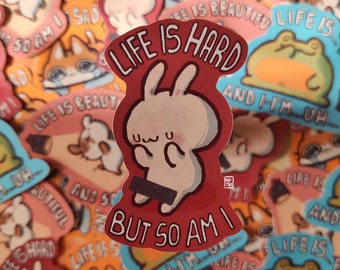 Life is... bunny - handmade kawaii cute glossy bunny sticker, fun gift idea for bunny lovers perfect for scrapbooking and decorating