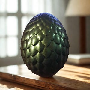 May include: A decorative, iridescent dragon egg with a textured, scale-like pattern. The egg transitions from a deep green to a blue hue at the top. It sits on a wooden surface, with a soft light illuminating the details.