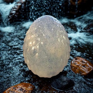 May include: A translucent, egg-shaped object with a textured surface and embedded glitter, resting in a stream. The egg is surrounded by dark rocks and water, with a waterfall in the background. The egg's surface has a subtle, iridescent quality.