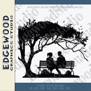 Paar auf Parkbank SVG: Liebe Baum Silhouette (Digitaler Download)
