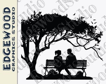 Pareja en un banco del parque SVG: Silueta de árbol del amor (Descarga digital)