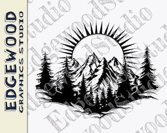 Diseño de valle de montaña con árboles y sol: Archivo vectorial (descarga digital)