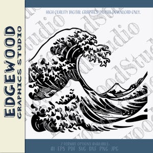 Puede incluir: Gráfico digital en blanco y negro de una gran ola oceánica, con detalles intrincados y un diseño estilizado. La imagen incluye el texto "HIGH QUALITY DIGITAL GRAPHICS! DIGITAL DOWNLOAD ONLY." y "EDGEWOOD GRAPHICS STUDIO."