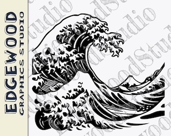 Ola del océano en cresta, La ola, Estilo de bloque de madera, Arte lineal, Digital, Cricut, Silueta, Archivo de corte, Vector, Ai, Esp, PDF, SVG, Dxf, PNG, JPG