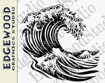 Ola del océano en cresta, La ola, Estilo de bloque de madera, Arte lineal, Digital, Cricut, Silueta, Archivo de corte, Vector, Ai, Esp, PDF, SVG, Dxf, PNG, JPG