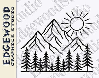 Arte lineal de cordillera SVG: árboles, sol, naturaleza vectorial (descarga digital).