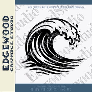 Puede incluir: Gráfico en blanco y negro de una ola oceánica estilizada. La ola se representa con líneas curvas y una cresta de agua salpicada. La imagen incluye el texto "HIGH QUALITY DIGITAL GRAPHICS! DIGITAL DOWNLOAD ONLY." y "EDGEWOOD GRAPHICS STUDIO."