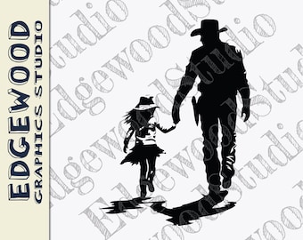 Silueta de padre e hija de vaquero: Archivo vectorial de corte occidental (descarga digital)