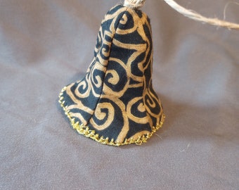 Hanging Bell Ornament Black and Gold Swirls Fabric