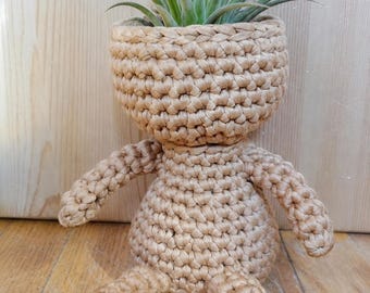 Crocheted Buddy Planter: Handcrafted Sitting Figure, T-Shirt Yarn Home Decor