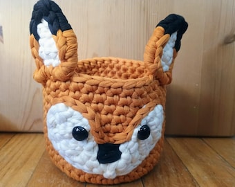 Crocheted Fox Basket: T-Shirt Yarn Storage, Nursery Decor