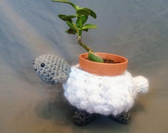 Hand-Crocheted Sheep Planter: White Gray Wool Holder for Small Plants