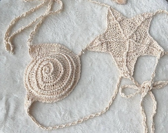 Top de bikini hecho a mano a crochet, estilo bohemio playero, inspirado en conchas marinas y estrellas de mar, talla C.