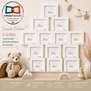 Peut inclure: Un ensemble de treize cadres photo carrés blancs disposés en pyramide, étiquetés de 0 à 12 mesi. Chaque cadre contient une illustration de montagne. L'ensemble comprend un ours en peluche, une montagne en bois et un arc-en-ciel en bois.