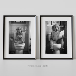 Funny Golden Retriever Bathroom Art Print Set of 2 (Digital Download)