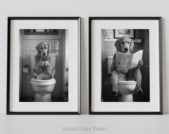Funny Golden Retriever Bathroom Art Print Set of 2 (Digital Download)