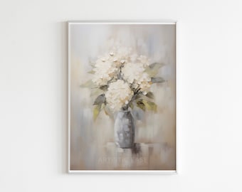 Vintage White Hydrangea Print, Rustic Farmhouse Wall Decor, Floral Art Poster, Elegant Flower Painting, Botanical Home Print,Hydrangea Paint